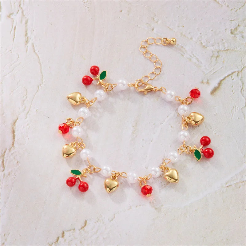 Fruit Pearl Bracelet for Women - Cute Strawberry & Cherry Charm