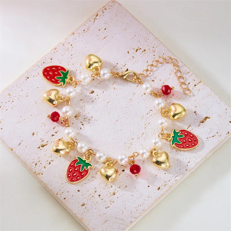 Fruit Pearl Bracelet for Women - Cute Strawberry & Cherry Charm