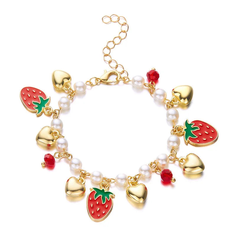 Fruit Pearl Bracelet for Women - Cute Strawberry & Cherry Charm
