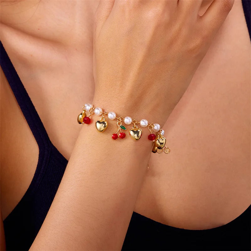 Fruit Pearl Bracelet for Women - Cute Strawberry & Cherry Charm